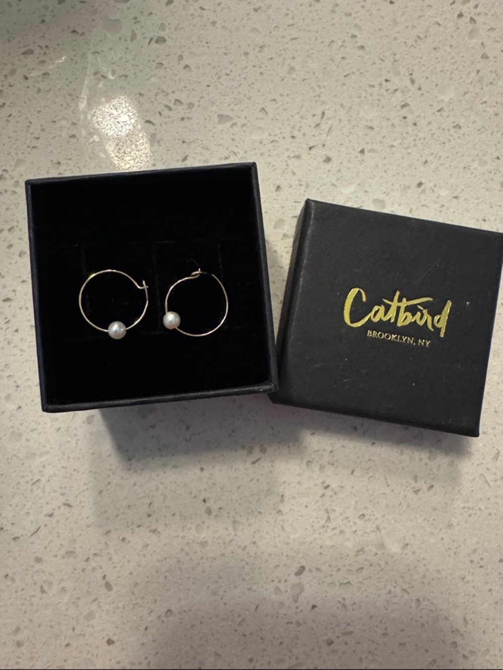 Catbird Gold Hoop Earrings with White Pearl